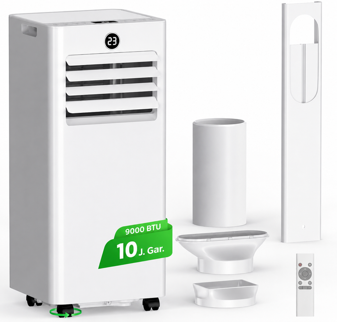 Climatiseur Mobile 9000 BTU (+30m²) 4 en 1 Silencieux - Télécommande, Minuterie 24h & Mode Sommeil,Clim Mobile pour Maison et Bureau,Kit d'Évacuation par Fenêtre Inclus