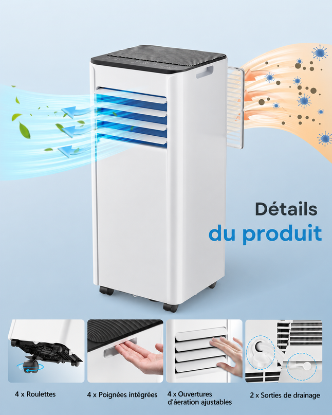 Climatiseur mobile 9000 BTU (+30m²) 2,6 kW (avec télécommande), climatiseur portable quatre en un, fonctionnement silencieux, écran LED, minuterie 24 heures